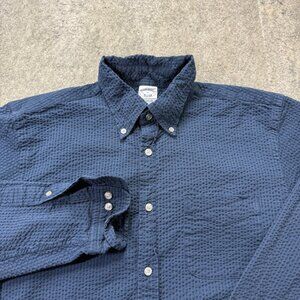 Brooks Brothers Seersucker Shirt Men M Blue Navy Long Sleeve Regular Stretch